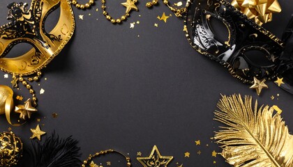 A luxurious and mysterious night masquerade concept unfolds with rich visual drama and elegance, framing an empty central space ideal for text or invitation details.