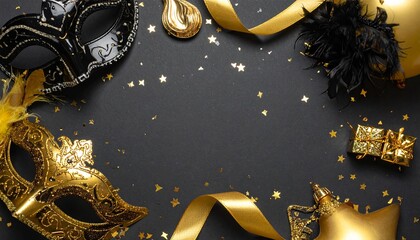 A luxurious and mysterious night masquerade concept unfolds with rich visual drama and elegance, framing an empty central space ideal for text or invitation details.