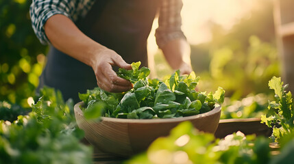 Harvesting fresh organic spinach in a wooden bowl on sunny morning