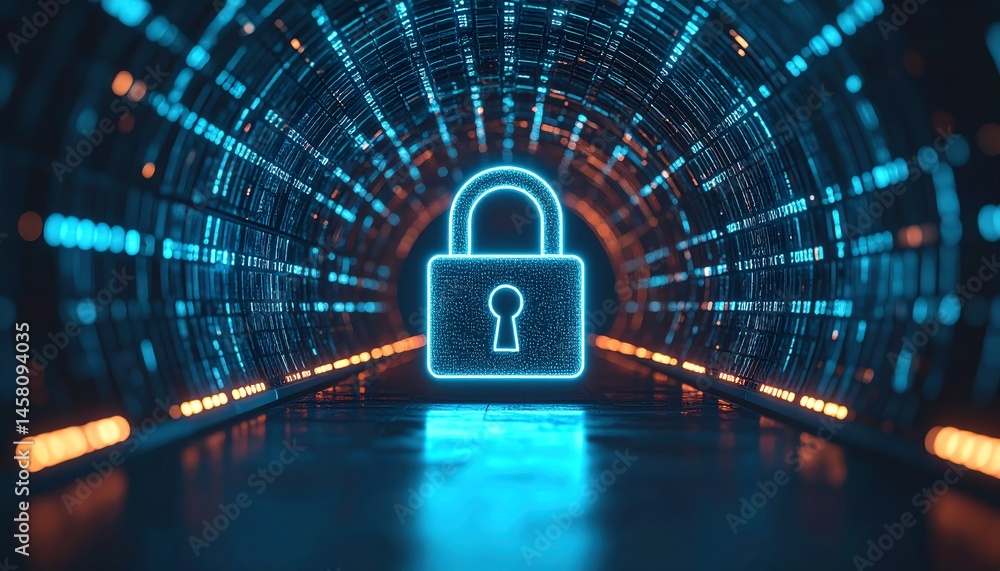 Poster a glowing digital padlock stands in a futuristic tunnel, symbolizing cybersecurity and data protecti