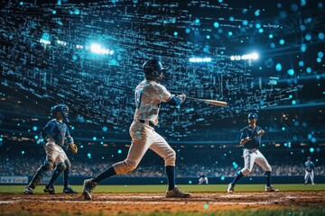 Baseball players utilize advanced scientific data techniques during a night game, Baseball players on field with scientific data processing over them