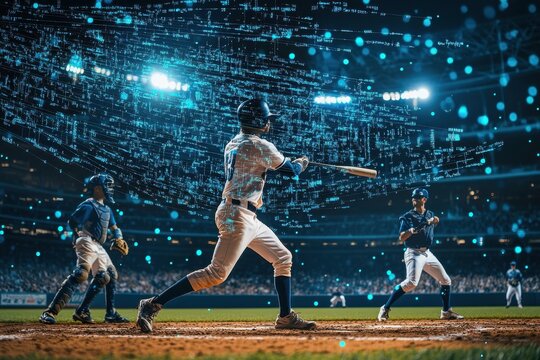 Baseball players utilize advanced scientific data techniques during a night game, Baseball players on field with scientific data processing over them - Powered by Adobe