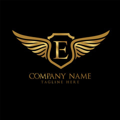 wing and shield letter E Gold color, Victory logo, wing logo, vector logo template
