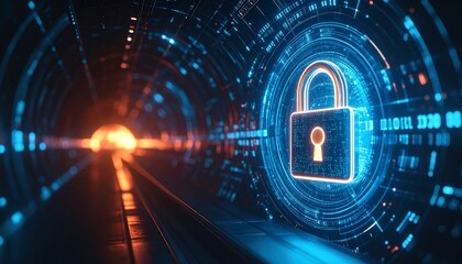 A glowing digital padlock symbolizes cybersecurity and data protection in a futuristic, high-tech environment.