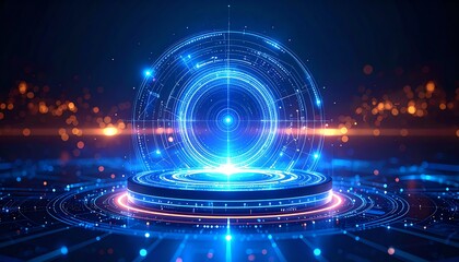 A glowing, futuristic digital sphere hovers over a high-tech platform surrounded by concentric blue circuits and lights.