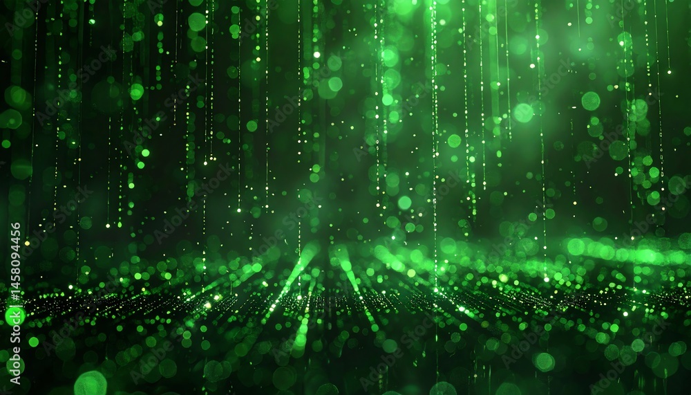 Poster abstract green digital matrix with glowing dots and vertical light streams creating a futuristic, cy