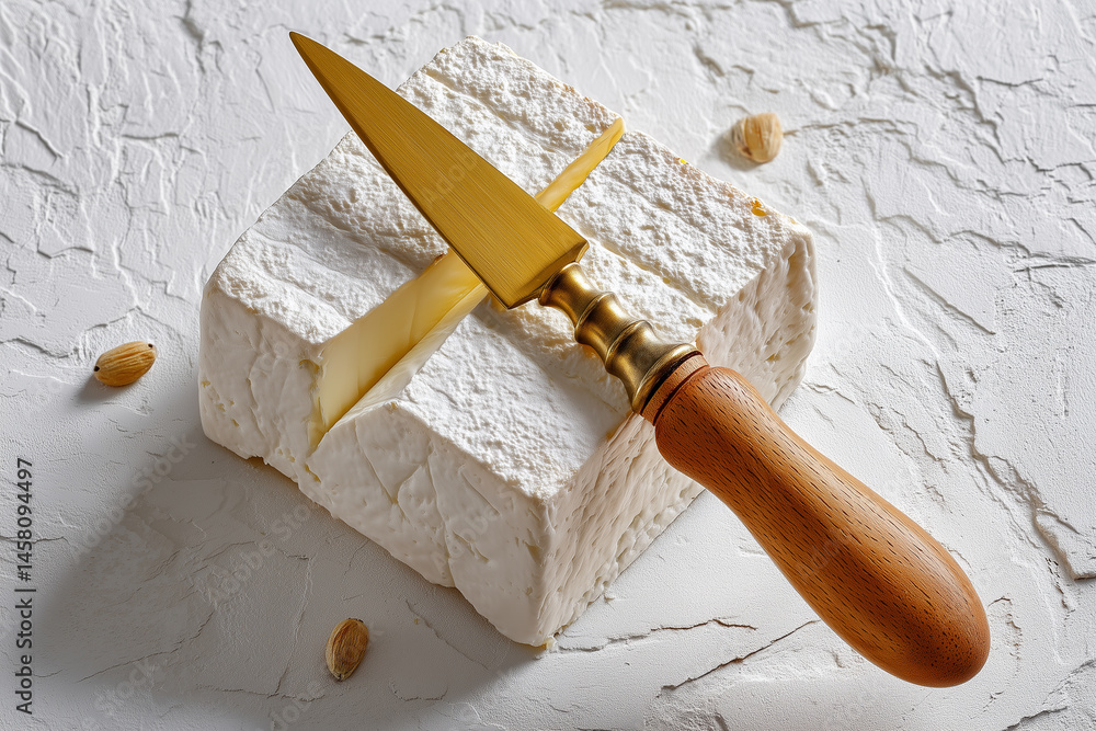 Poster soft cheese block with knife marks rests on smooth white surface. culinary setting captures subtle d