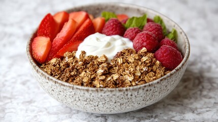 Fresh fruit and granola bowl with yogurt, bright kitchen setting, healthy breakfast