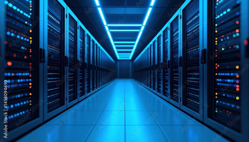 Poster a modern data center hallway with rows of illuminated server racks glowing blue, highlighting advanc