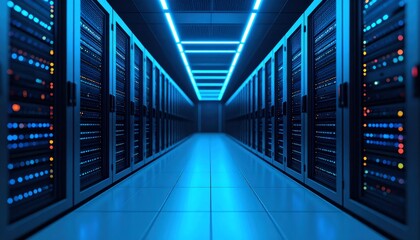 Fototapeta premium A modern data center hallway with rows of illuminated server racks glowing blue, highlighting advanced technology and digital infrastructure.