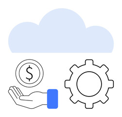 Cloud above hand holding money and gear, combining financial growth and automation. Ideal for finance, business, economy, cloud solutions, operations, innovation, simple landing page