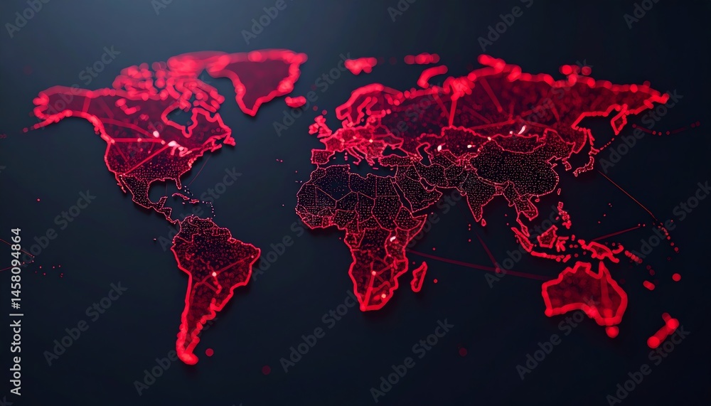 Poster a digital world map with glowing red network connections highlighting continents and countries on a 