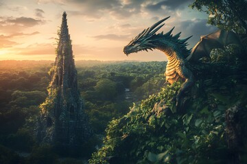 A dragon perched on a cliff overlooking a forest and a tall tower at sunset in a fantasy setting