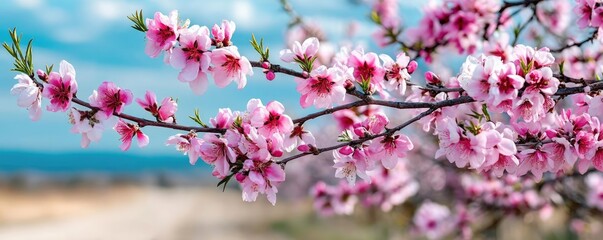 Blossoming apricot tree branches with spring background and sky concept. Beautiful pink blossoms on a tree branch against a clear sky.