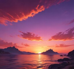 Fiery sunset paints sky with vibrant orange, pink, and purple hues , landscape, light, crimson