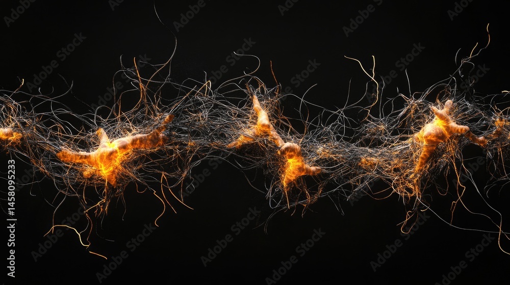 Poster long axon extensions of bright orange neurons creating a vivid pattern on black