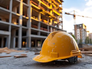 A yellow hard hat rests on the ground at a busy construction site with a modern building under construction in the background.