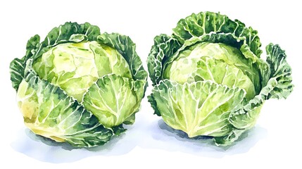 Fototapeta premium Two watercolor painted cabbages displayed close together.