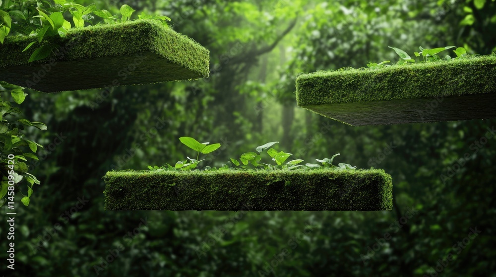 Poster lush forest setting with levitating platforms covered in bright green moss