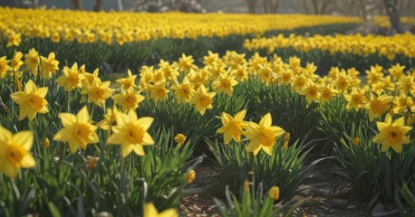 Obraz premium Sunlit field of vibrant yellow daffodils in full bloom , vibrant, sunny, flora