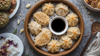 Ultra-HD image of colorful dim sum selection including shumai, har gow, and bao buns, artfully arranged with dipping sauce, studio setup