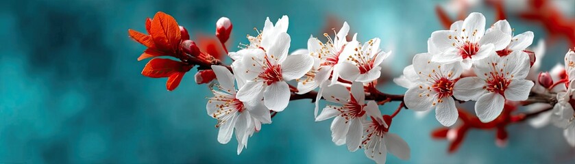 Fototapeta premium Blossoming apricot tree branches against sunlight and peaceful sky concept. Beautiful blooming cherry blossoms against a vivid blue backdrop.