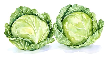 Two watercolor illustrations of fresh cabbages.