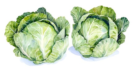 Fototapeta premium Two vibrant watercolor illustrations of fresh cabbages.