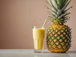 A tall glass filled with a frothy, bright yellow pineapple smoothie