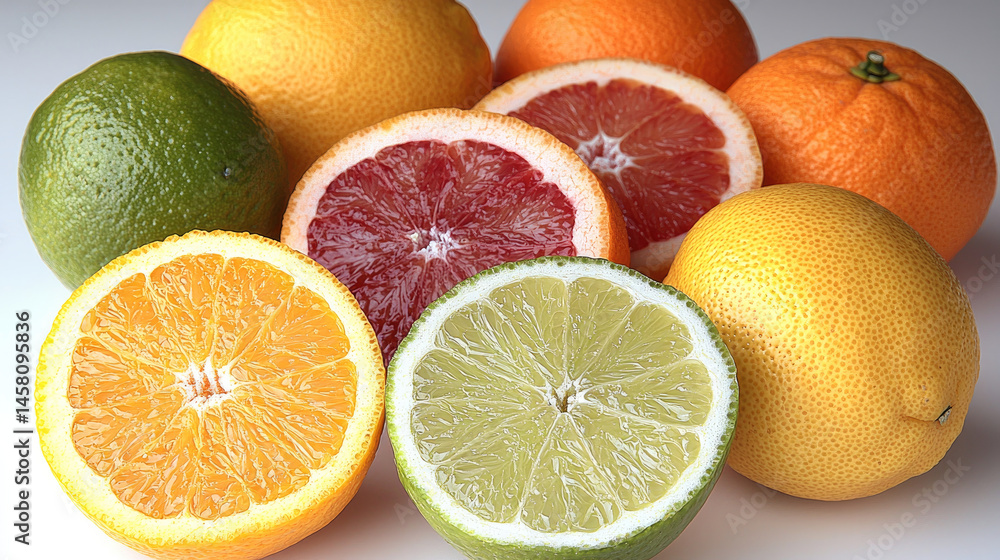 Poster assorted citrus fruits including lime lemon orange and grapefruit both whole and sliced arranged on 