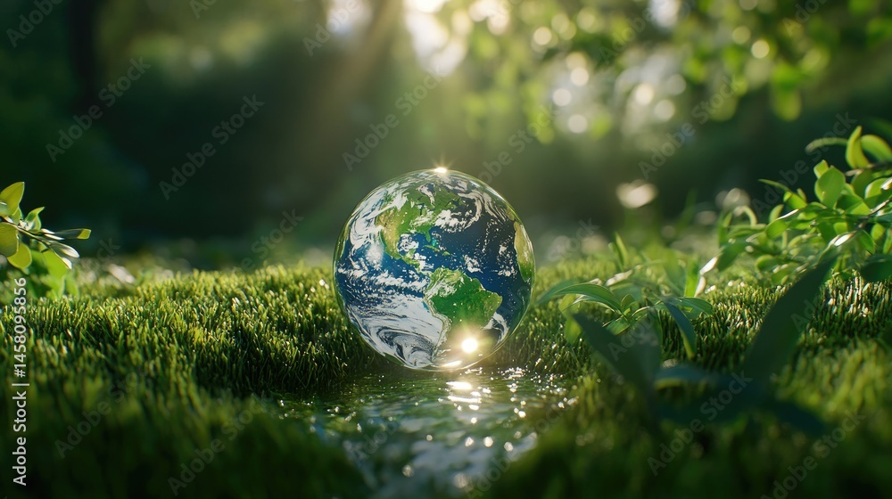 Poster macro of a glistening droplet shaped like earth over grass, showing connection between nature and pl