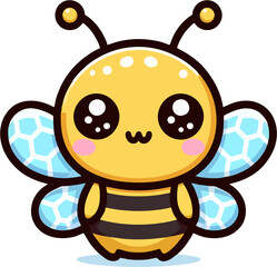 Obraz premium Cute Chibi Bee Vector with Big Sparkly Eyes and Hexagon Wings – Adorable Cartoon Insect Character for Kids Clipart and Stickers