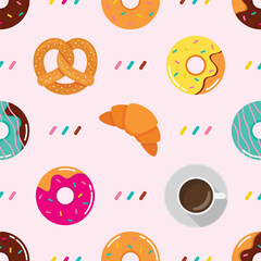 Seamless pattern of multicolored snacks. Croissant Pretzel and donuts.