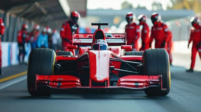 Vibrant red racing car in pit stop with team members.