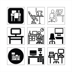 Work Desk Line Icons Featuring Home Office Setups And Workstation Designs