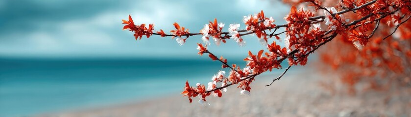 Blossoming apricot tree branches with spring background and sky concept. A vibrant branch with red flowers against a serene beach backdrop.