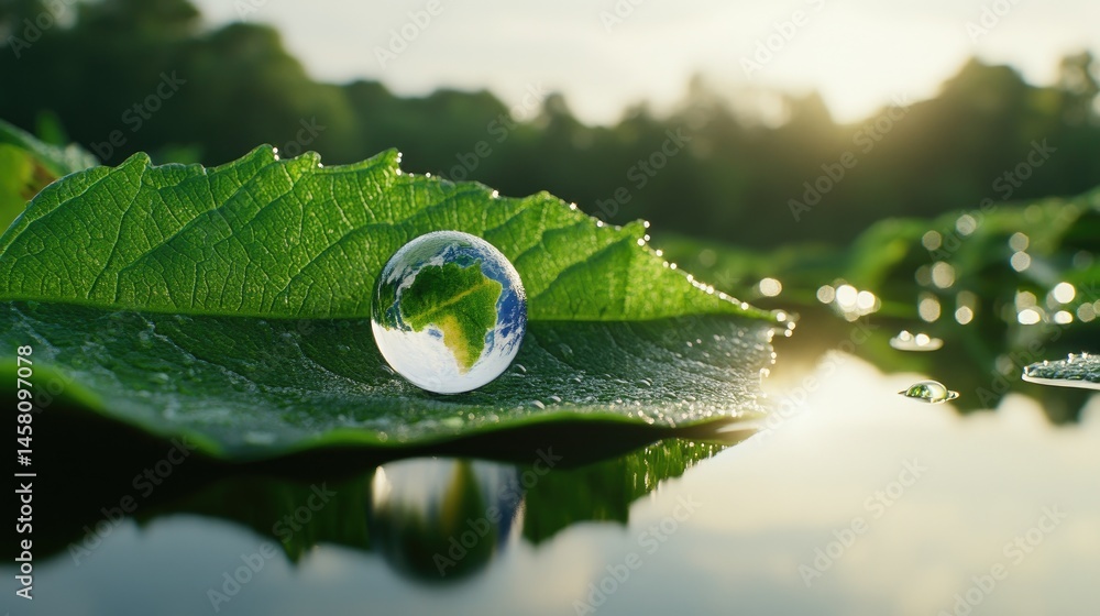 Poster Nature background with Earth in a single dew drop on leaf edge, symbolizing global fragility