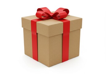 Obraz premium Brown gift box with red ribbon and bow on white background