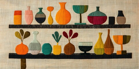 Hand-embroidered linen panel showcasing shelves and vases in retro colorways.
