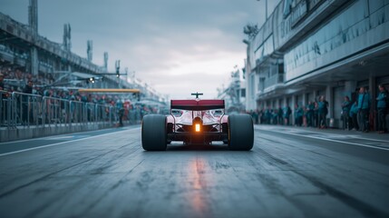 Formula 1 Car in Pit Lane with Wet Asphalt at Racing Circuit Surrounded by Team Crews and Spectators Under Overcast Sky Conditions