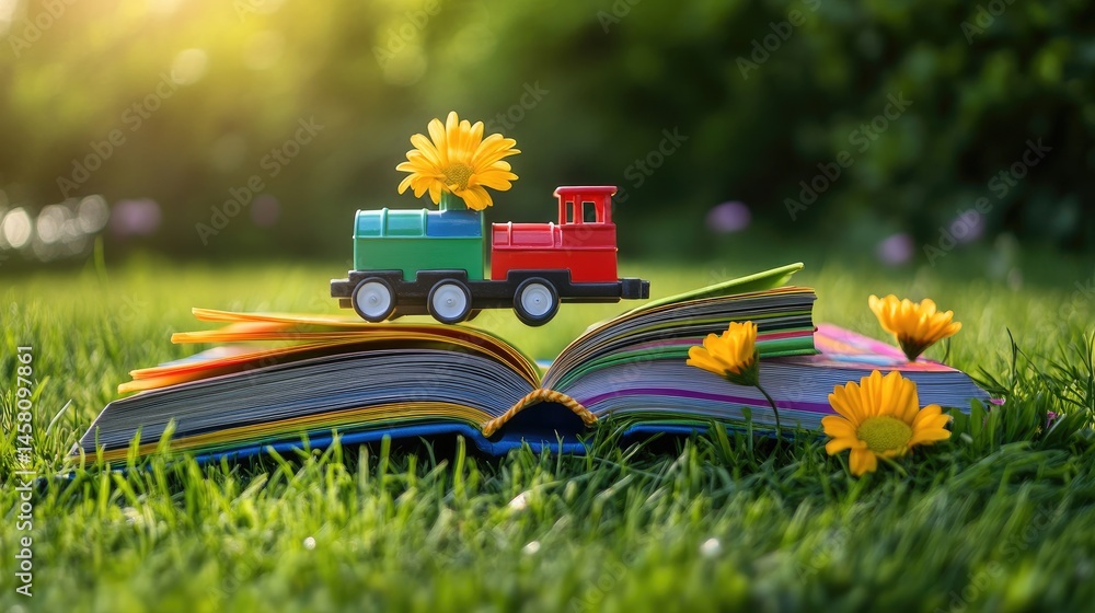Poster playful train toy centered on colorful books with a vibrant green field in background