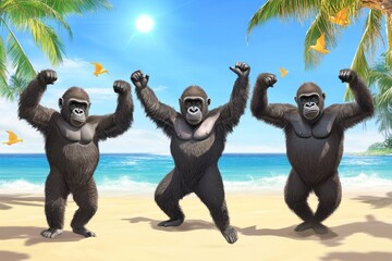 Funny gorillas and monkeys joyfully dancing on the sunny seaside under a bright blue sky, Funny gorillas and monkeys dancing on sunny seaside Tourism and rest concept Realistic