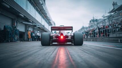 Formula 1 Race Car in Pit Lane with Glowing Tail Light and Crew Standing by in a Cloudy Motorsport Circuit During Grand Prix Event