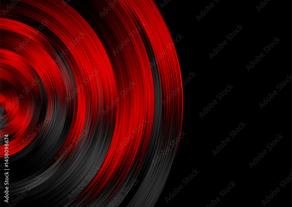 Poster Red and black glossy circles and linear rings abstract minimal tech background. Geometric vector design