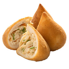 raditional Brazilian Coxinha de Frango &ndash; Crispy Fried Chicken-Filled Snack Cut Open for Texture Display, Perfect PNG for Street Food Promotions, Cultural Cuisine Menus, and Recipe Content Use