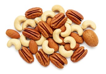 Pile of mixed nuts including pecans cashews and almonds on white background