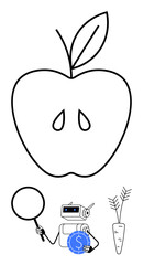 Robot holding a magnifier examines apple outline with visible seeds and a carrot nearby. Ideal for artificial intelligence, analysis, research, sustainability, food tech, precision farming, flat