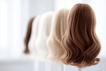 Rows of wigs in various shades, displayed on stands with soft lighting, focusing on smooth, wavy hair textures.
