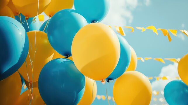 Celebration of sweden's national day with blue and yellow balloons and flags. Sveriges nationaldag. Horizontal banner. Copy space. Balloons in colors of flag of Sweden