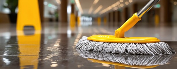 A yellow mop cleaning a shiny floor in a bright hallway, with a caution sign visible in the background.
